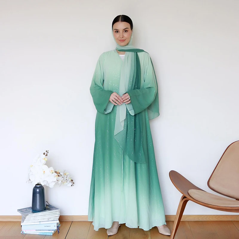 Hot Sell Dubai Muslim 3 Pieces Set Ombre Green Abaya Kimono Gradient Glitter Chiffon Front Open Abaya Dress With Inner Dress