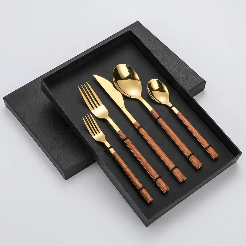 

Stainless Steel Dinnerware Sets Glossy Silver Wooden Tableware Western Food Knife Fork Teaspoon Cutleries, Sliver,gold, rose gold. black
