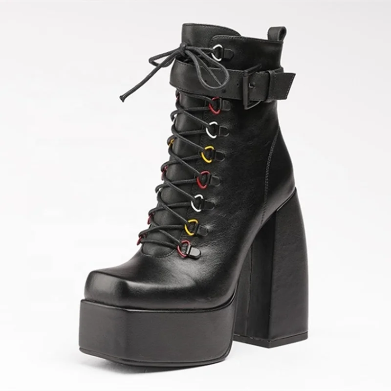 

Genuine Leather Foreign Trade Boots High Chunky Heel Lady's Wearing Sexy Booty Women High Top Lace Square Toe Platform Boots, Black