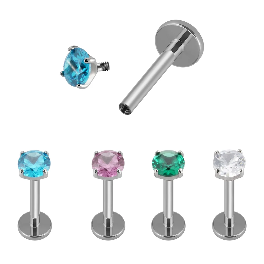 

Right Grand ASTM F136 Titanium Internal Thread Prong Set Clear Zircon Lip Titanium Stud Piercing Labret