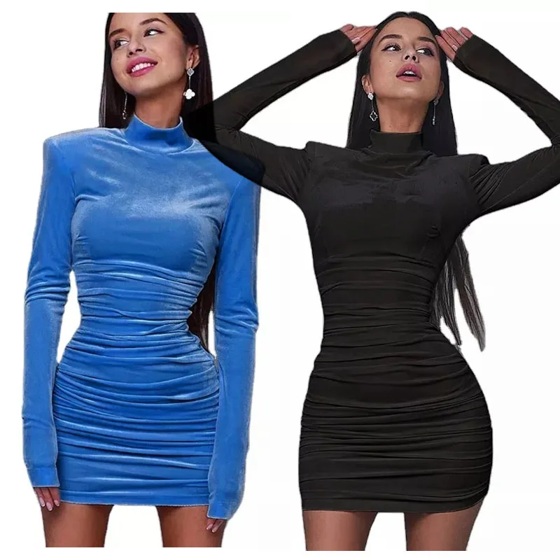 

Hot Sale Solid High Turtleneck Bodycon Slim Thicken Dress Pleated Long Sleeve Dress For Women, 3 colors in stock