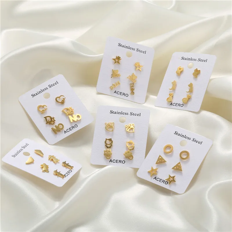 

Fashion Kid Girls 18k Gold Stainless Steel Earrings Set Heart Star Shaped Stud Earrings set for Women, As the pic show