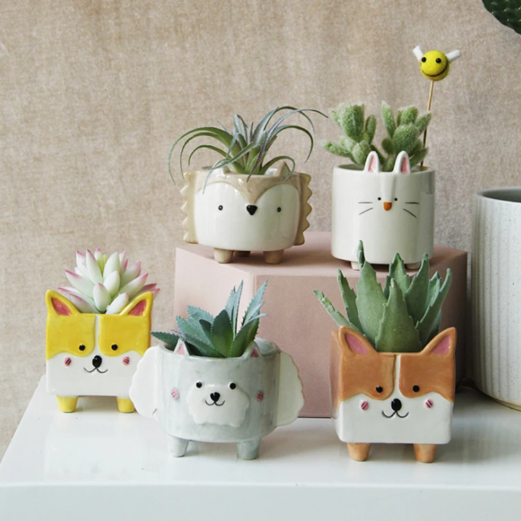 

Fast Delivery Cute Plant Ceramic Pots Hedgehog Bunny Puppy Small Animal Succulent Flower Pot, Customized color