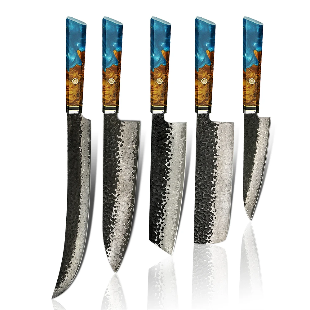 

YangJiang Amber Knife 67 layers Damascus AUS-10 Steel Resin Burl Handle Kitchen Knife Set