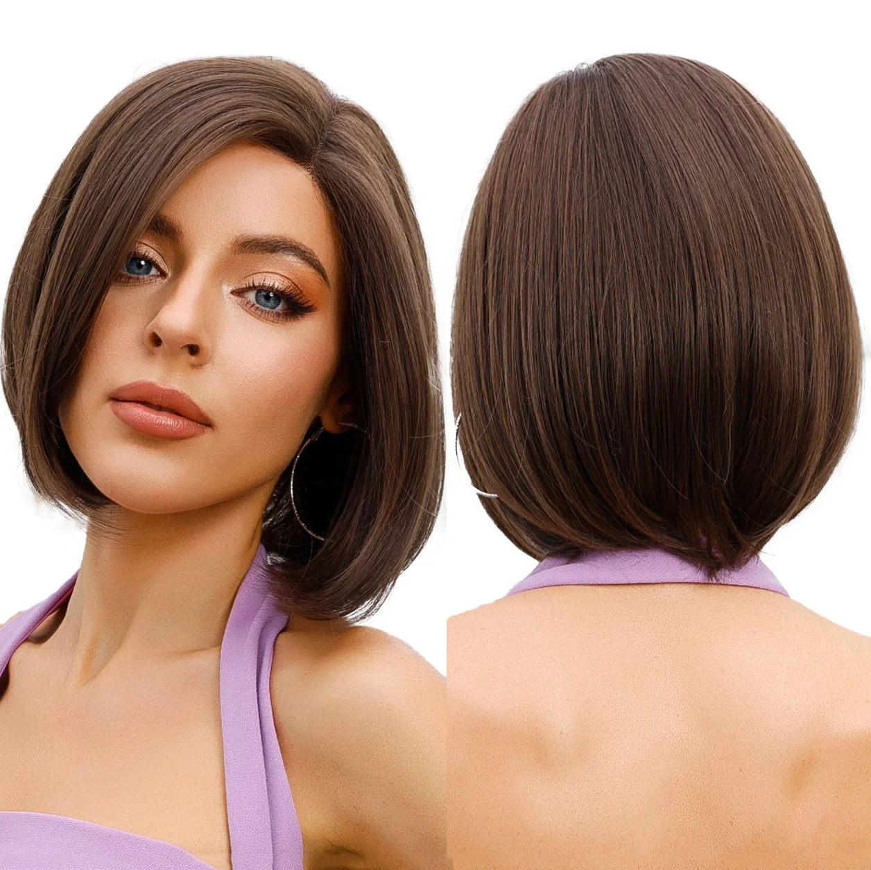Future Chemical Fiber Bob Dark Hair Root Dark Brown Front Lace Synthetic Wig Shoulder Straight T-Shaped Lace Wig 13X1X5