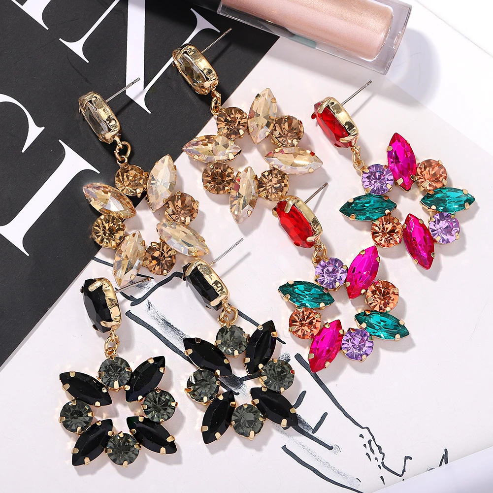 

Dvacaman Wholesale Fashion Gold Plated Colorful Glass Drill Rhinestone Geometric Flower Women Drop Earrings Jewelry