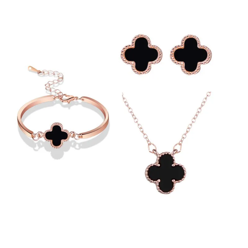 

rose gold black gemstone Jewelry Set cross four leaf clover pendant Necklace Earrings bracelet For Women, Shown