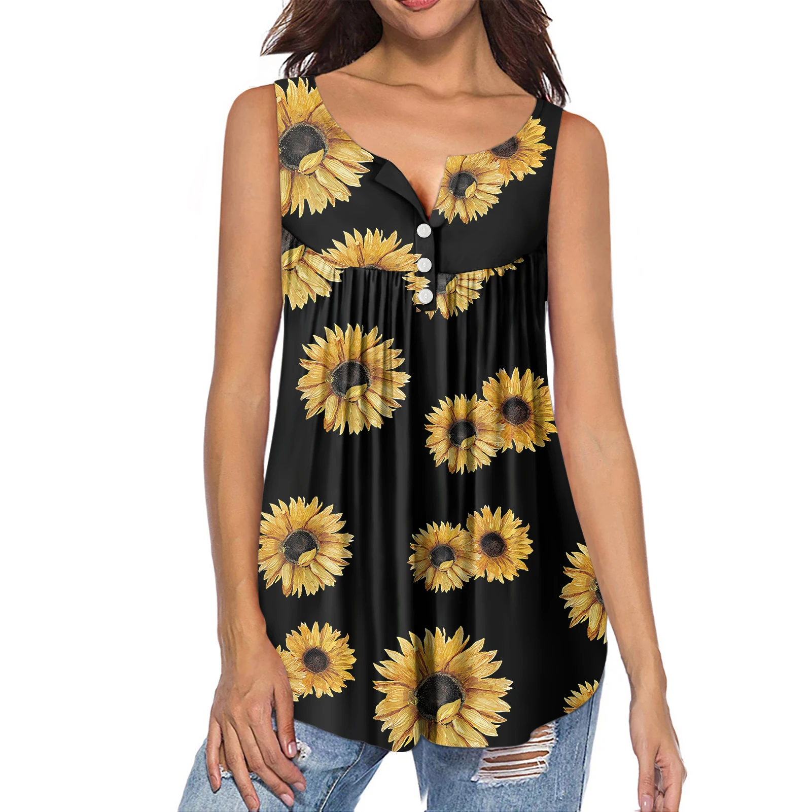 

Custom Your Design Black Sunflower Pattern Printing V-neck Sleeveless Plus Size Women Summer T-shirt Ladies Tops, Customized color