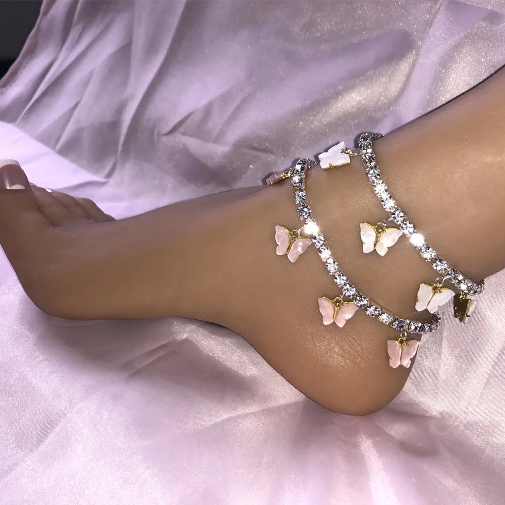 

Vintage Gold Silver Plated Cz Cubic Zirconia Rhinestone Tennis Ankle Bracelet Acrylic woman Pink Butterfly Anklet