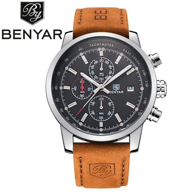 

Luxury Men's Sports Watch Benyar Brand Calendar Chronograph Waterproof Quartz Watch Leather Military Men's Watch 5102