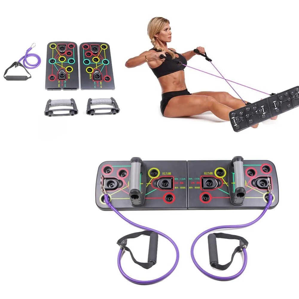 

custom logo 9 in 1 Foldable Multi-function Fitness Muscle Training Push Up Rack Board with Resistance Band