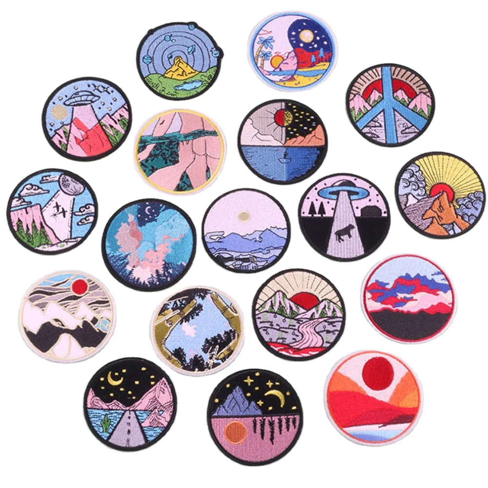 

yiwu wintop hot sale 7.5cm different natural landscape pattern iron on embroidered round patches badge