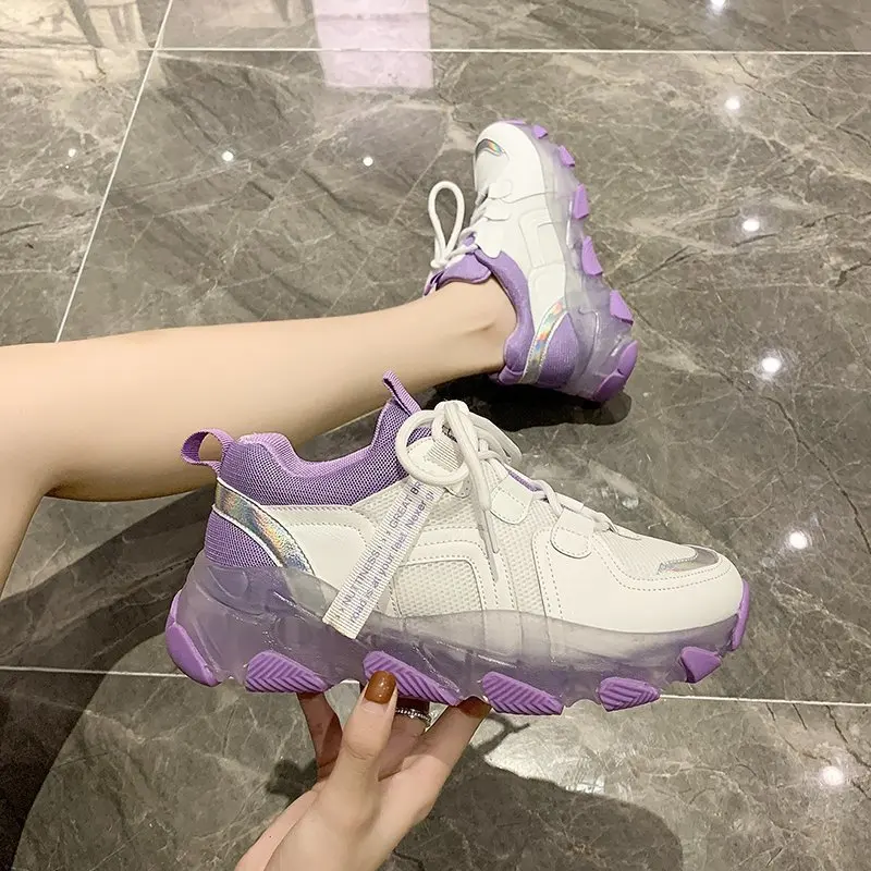 

2020 Fashion Transparent Sneakers Women Harajuku Ladies Platform Jelly Shoes Laser Casual Shoes Woman Shining Running Footwear, White,purple