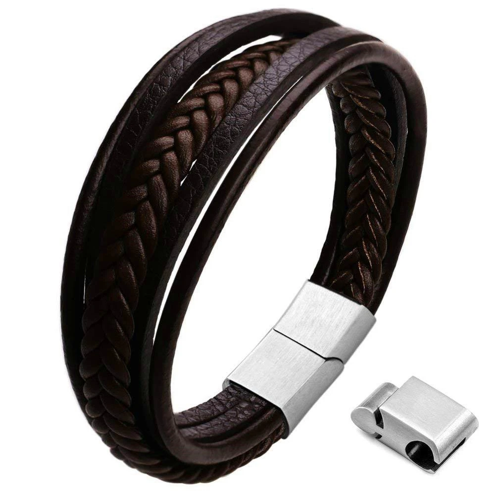 

Mens Genuine Leather Bracelet With Stainless steel Magnetic Clasp Braided Rope Wrap Men's MultiLayer Leather Bracelet 2020