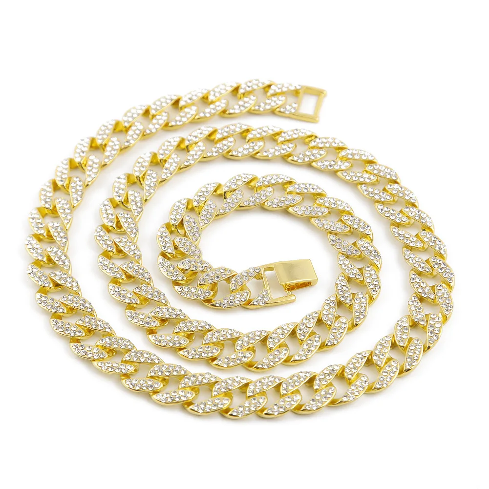 

Full diamond rhinestone gold silver cuban link chain 18 k gold plated fresh water pearl necklace