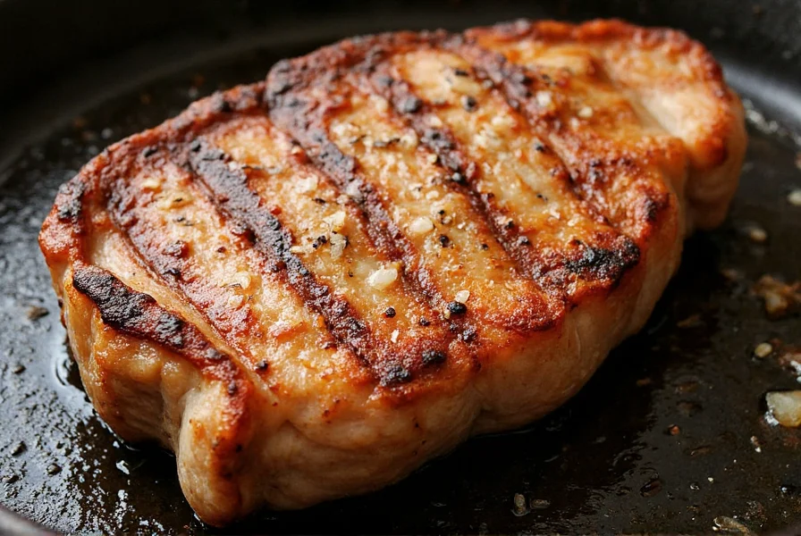 Perfectly seared thick-cut pork chop with salt and pepper showing golden crust and juicy interior on cast iron skillet