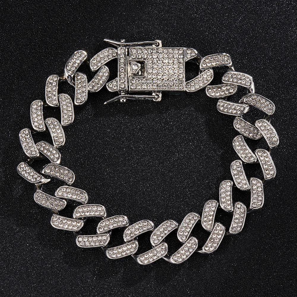 

Hip Hop Diamond Cuban Link Bracelet For Women Iced Out Bling Leave Rhinestones Charm Men's Bracelet Heavy Rhombus Cuban Bracelet, Silver / gold color