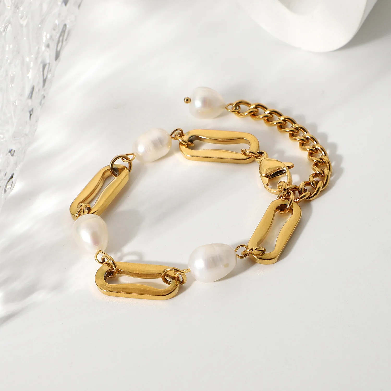 

18K Gold Plated Stainless Steel Baroque Freshwater Bracelet Rectangular Chain Spaced Pearl Bracelets for Women, Gold, silver, rose gold