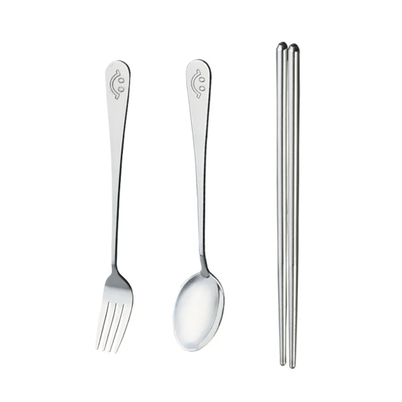 

Stainless steel tableware smiling face spoon fork chopsticks 3 sets of student convenience box tableware