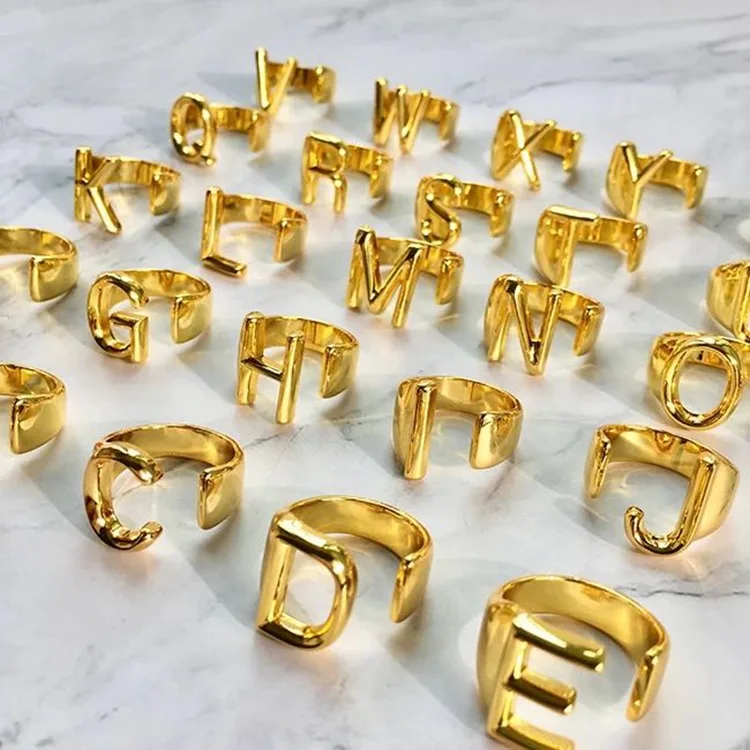 

Custom Hot Selling 18K Gold Plated Amazon A-Z Initial Rings Stainless Steel Statement Alphabet 26 Letter Ring Jewelry Men Women