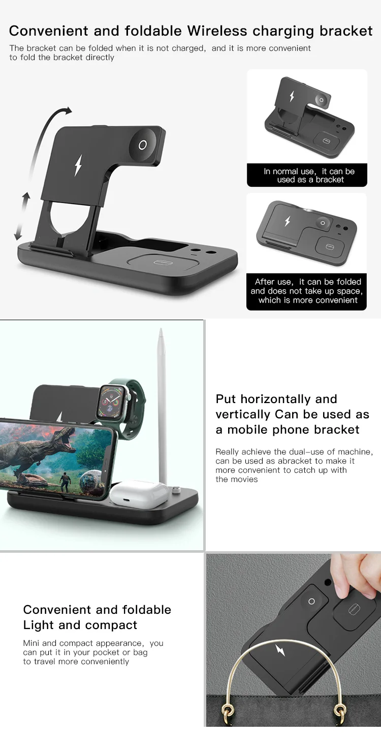Foldable Portable 15W 4 In 1 Charging Station Pad Dock Desktop Stand Charger Wireless