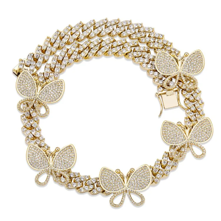 

jialin jewelry ins fashion Hip Hop 12 mm cuban diamond chain Butterfly Chain choker pendant Necklace women