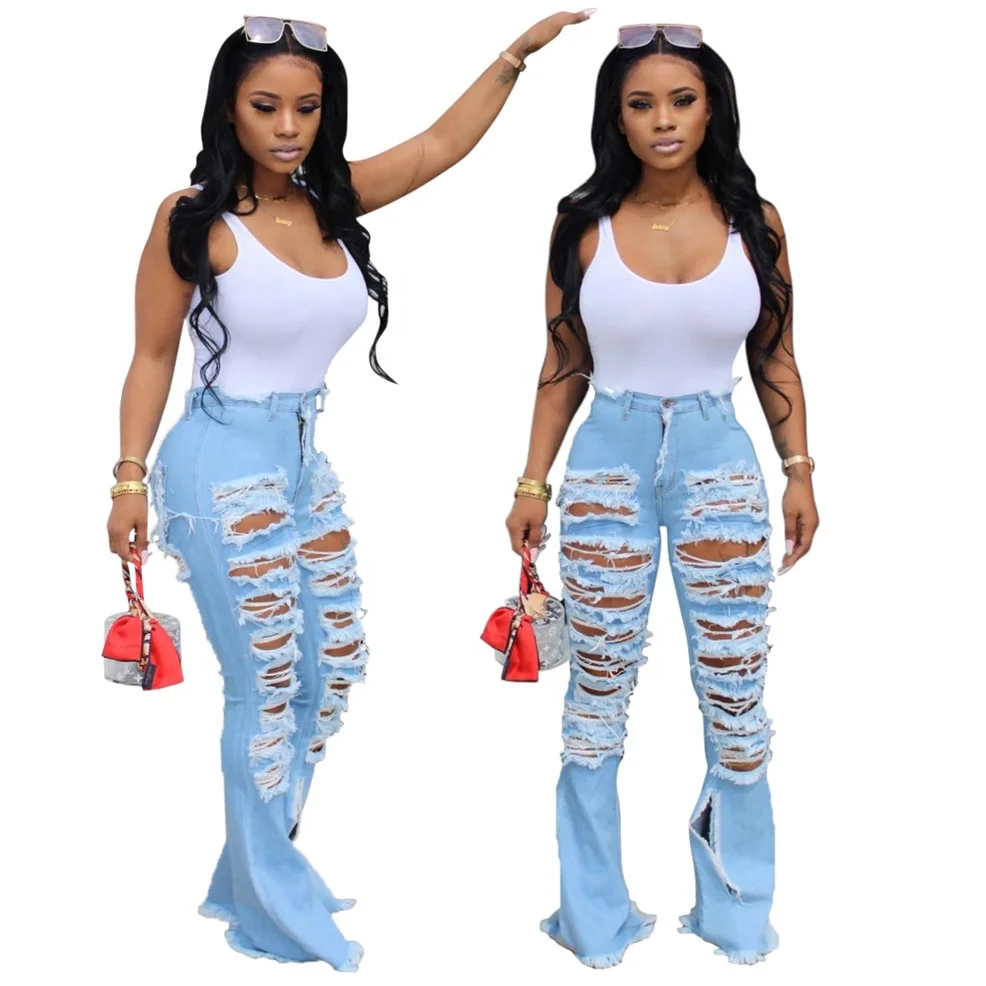 

Hot Sale Stylish Women Denim Jeans Flares Bell Bottom Ripped Comfy Stretch Skinny Jeans Women