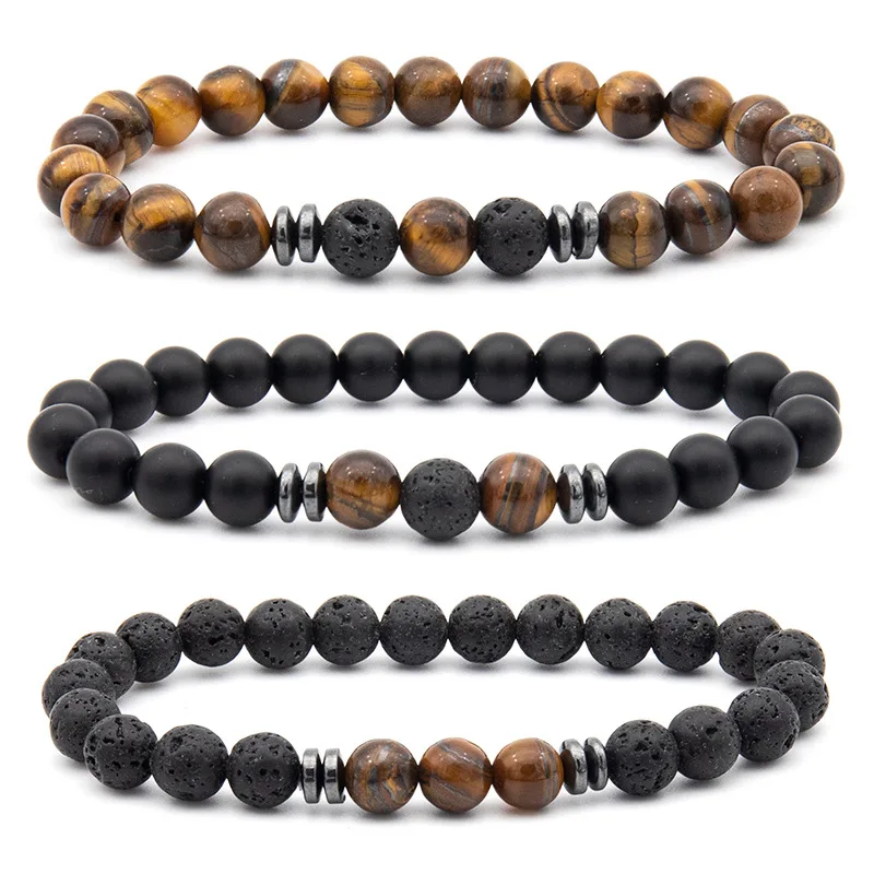 

Wholesale 3pcs/set Tiger Eye Beaded Bracelets Matte Lava And Tiger Eye Natural Stone Stretch Bracelets, Picture shows
