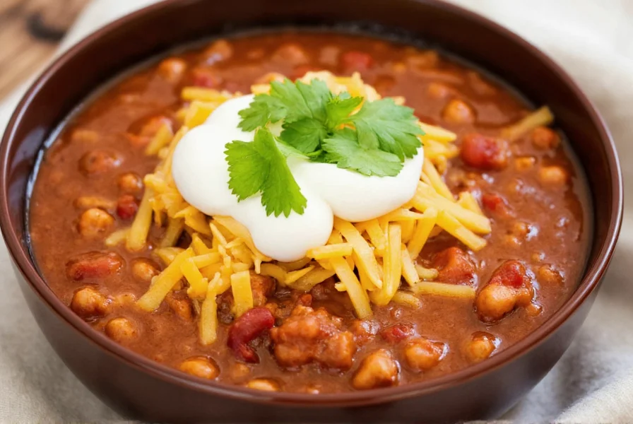 Finished bowl of Instant Pot chili with melted cheddar cheese, sour cream swirl, and fresh cilantro garnish