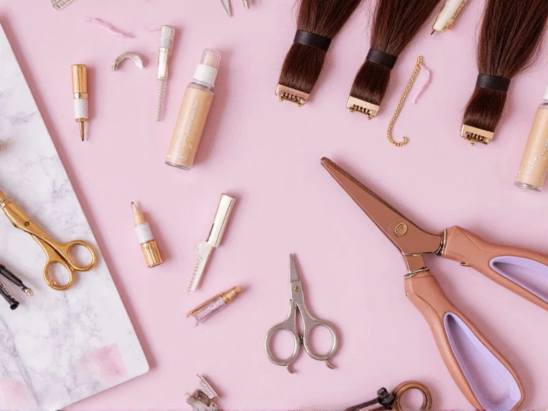 DIY hair extension tools laid out on table