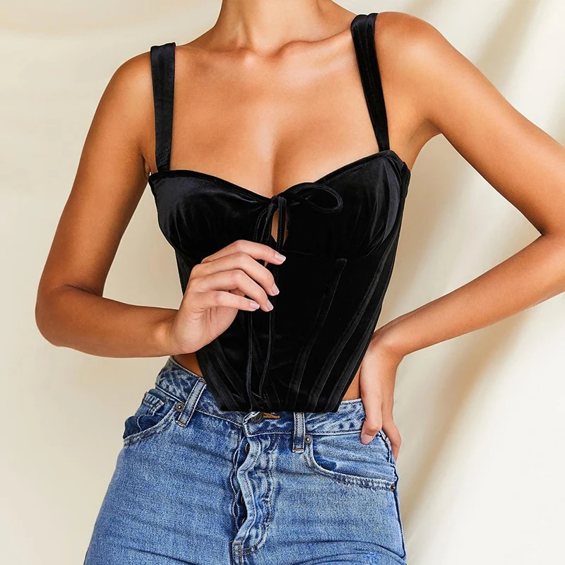 

Boning Corset Tops 2020 Solid Color Splicing Velvet Camisole Sexy Push Up Padded Bustier, Black