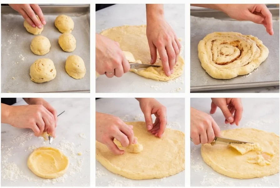 Step-by-step preparation of bisquick cinnamon buns showing dough rolling and cutting process