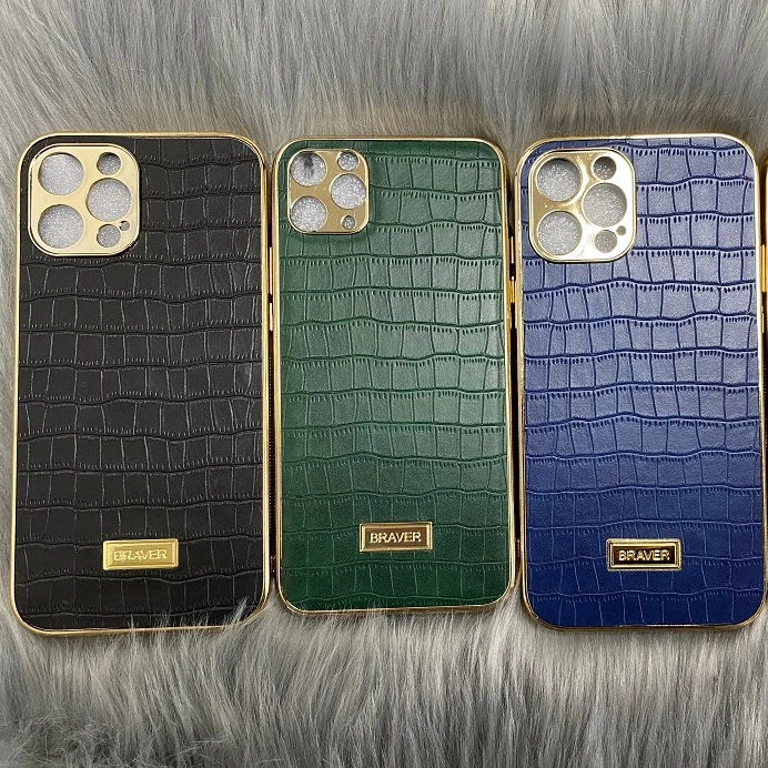 

Drop Shipping Luxury Crocodile High quality Gold frame Genuine Leather Phone Case for iPhone 12 case, Colors optional