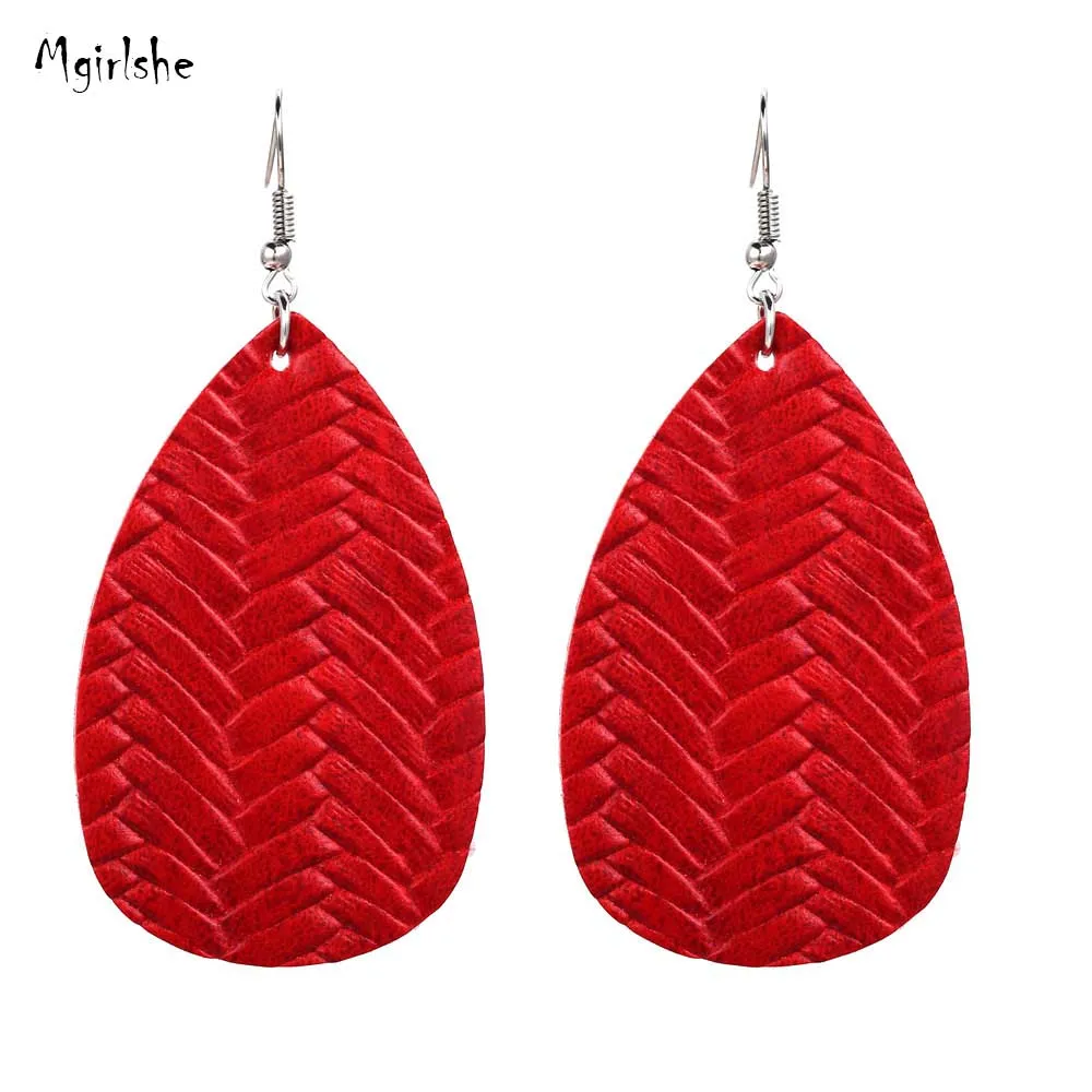 

Mgirlshe Simple Imitation Leather Teardrop Red Earring Hoops Wholesale Europe and America Popular Vintage PU Women Earrings