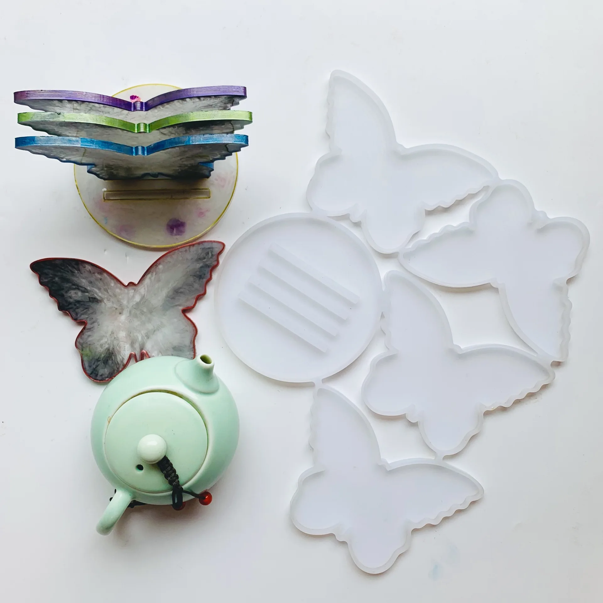 

W083 Mirror butterfly coaster set silicone mold for Epoxy craft, As picture
