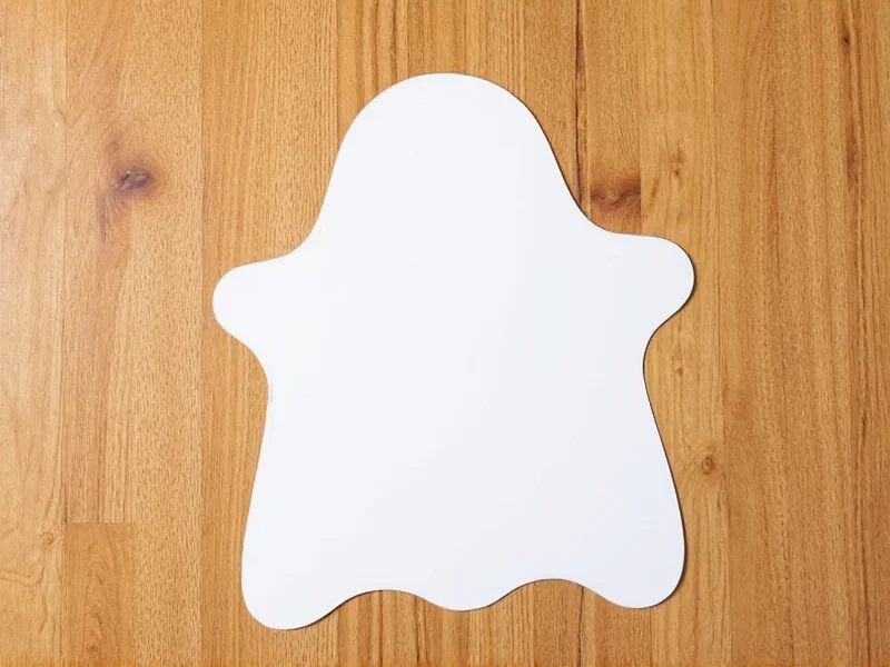 White sheet cut into ghost shape on wooden table