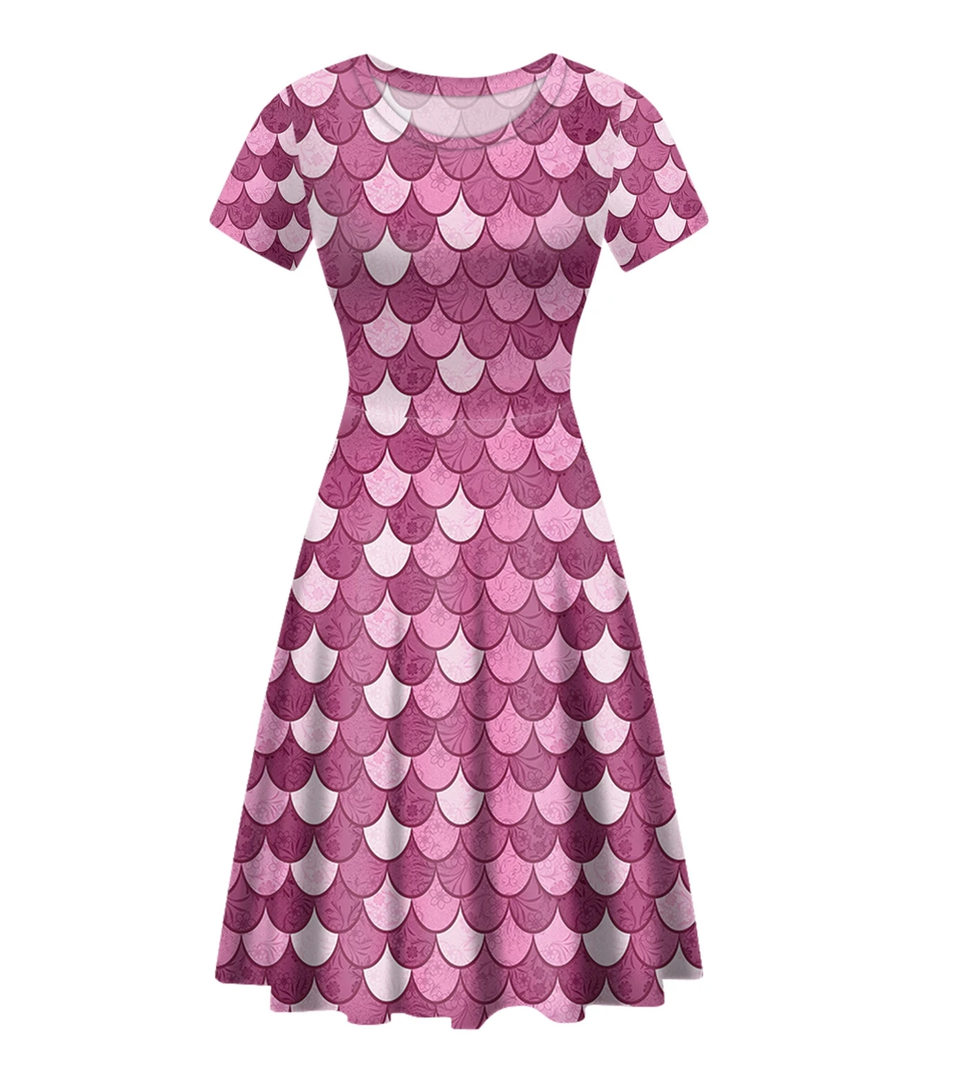 

Women Casual Dress Fish Scales Print Crew-Neck Short Sleeve Summer Casual A-Line Summer Beach Dresses