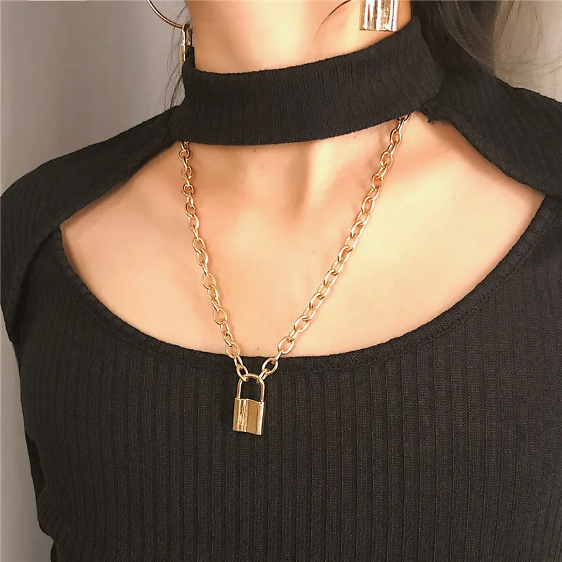 

New Fashion Punk Necklace Jewelry Gold Silver PadLock Pendant Necklaces Stainless Steel Rolo Cable Chain Collar Statement