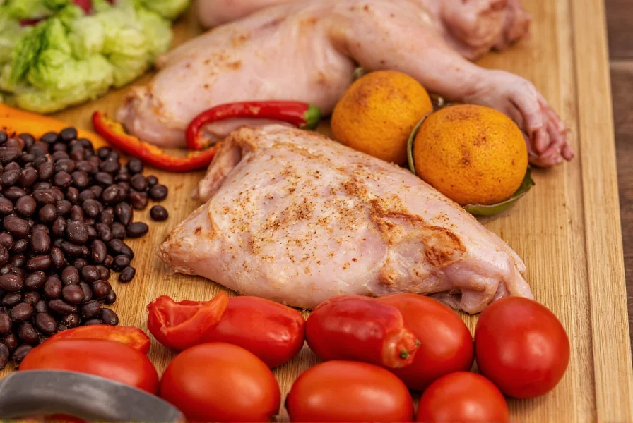 Close-up of fresh chicken chili ingredients including boneless chicken breasts, fire-roasted tomatoes, chipotle peppers, black beans, and spices arranged on wooden cutting board