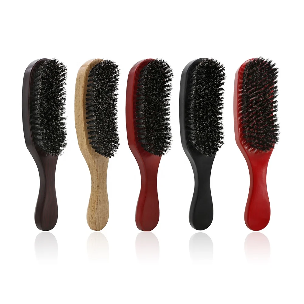 

Black Hair Custom Logo Wooden Beard Brush Comb Hardwood 360 Curved Wave Boar Bristle Brush for Shaving Men Mustache, As picture