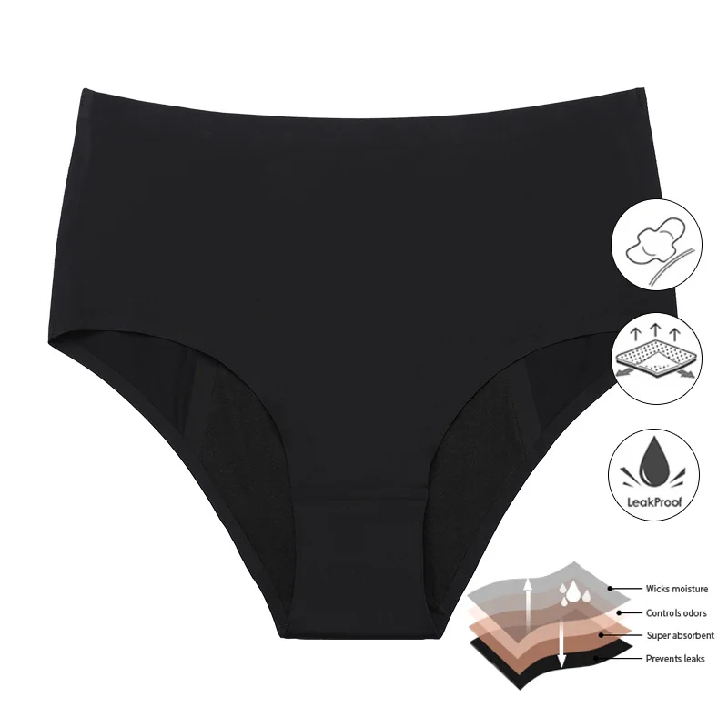 

Women High Waist Full Protect 4 Layer Absorb Leak proof Menstrual Washable Period Underwear Seamless Reusable Period Panty, Black