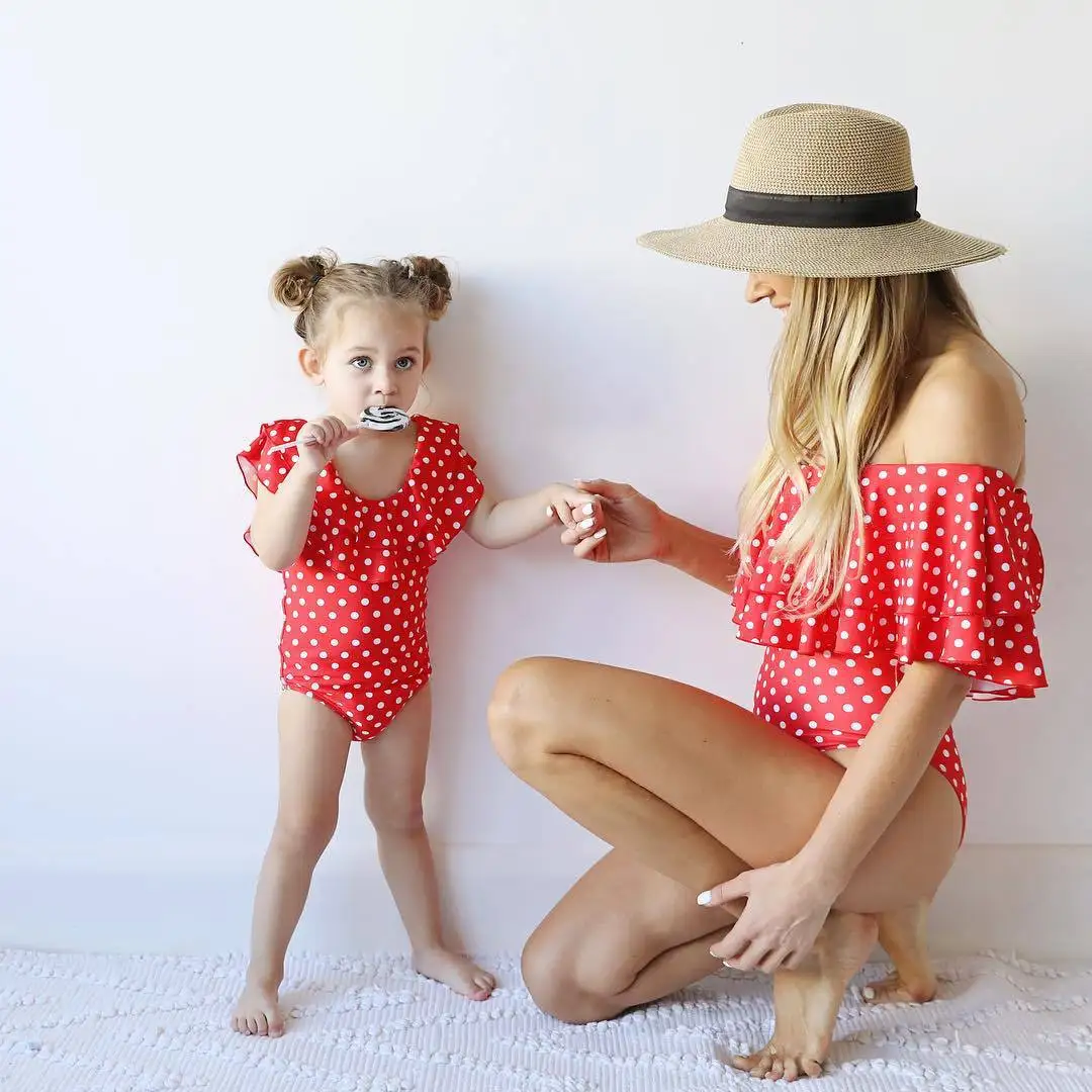 

custom dot print ruffles pretty baby girl toddler one piece swim suit mommie and me swimwear, Custom color