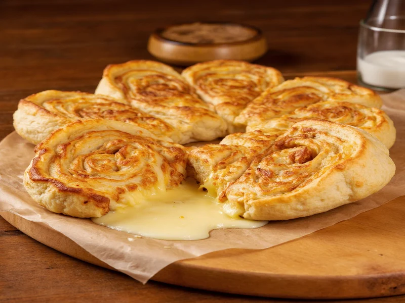 Golden homemade stromboli sliced open showing melted cheese swirl