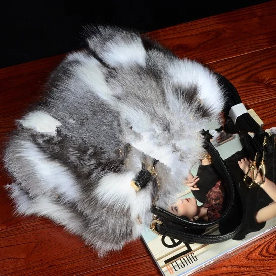 

Fashion colorful lady tote leather bag real fox fur handbag with wholesale price