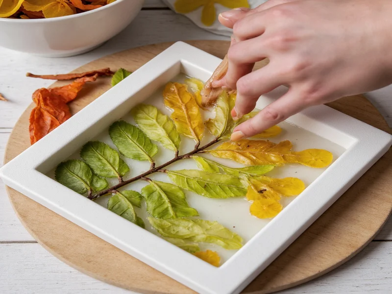 Pouring clear resin over pressed leaves in coaster mold step
