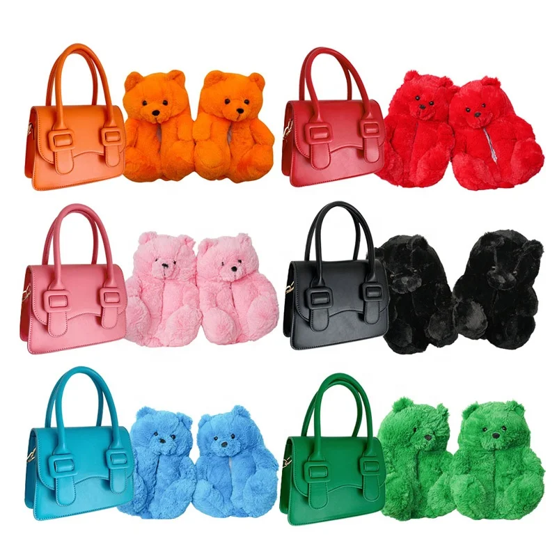 

2022 Women'S Crossbody Bag Candy Slippers Crossbody Bag And Shoes Set Valentine'S Gift Rose Bear Slippers Handbags