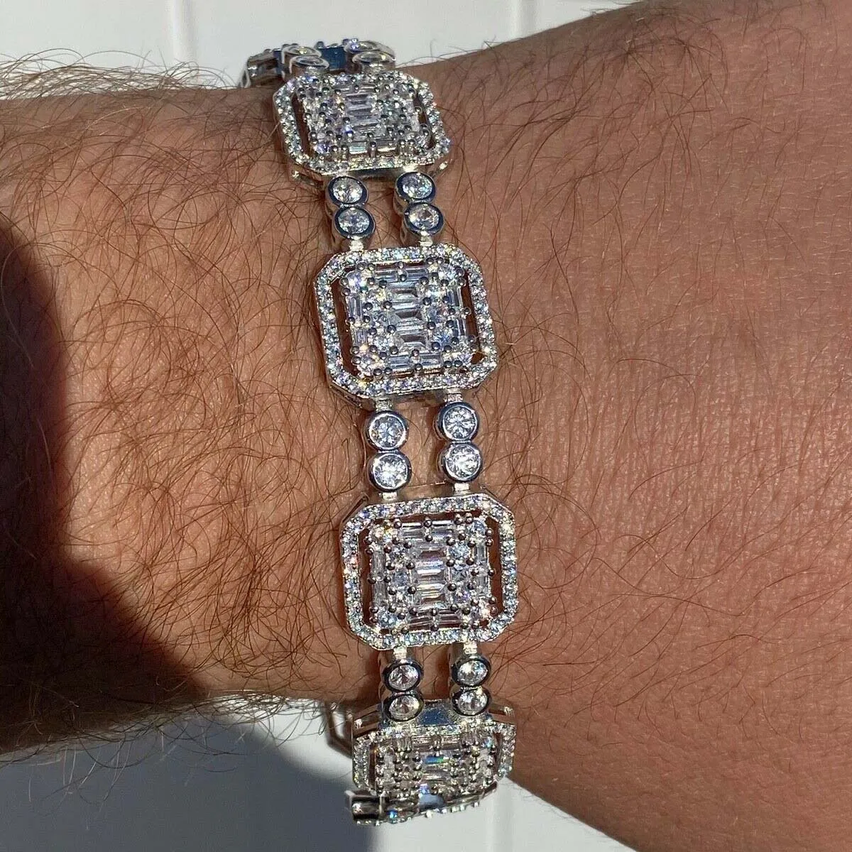 

top quality factory wholesale hip hop jewelry micro pave 5A cz geometric diamond men bracelet, Silver