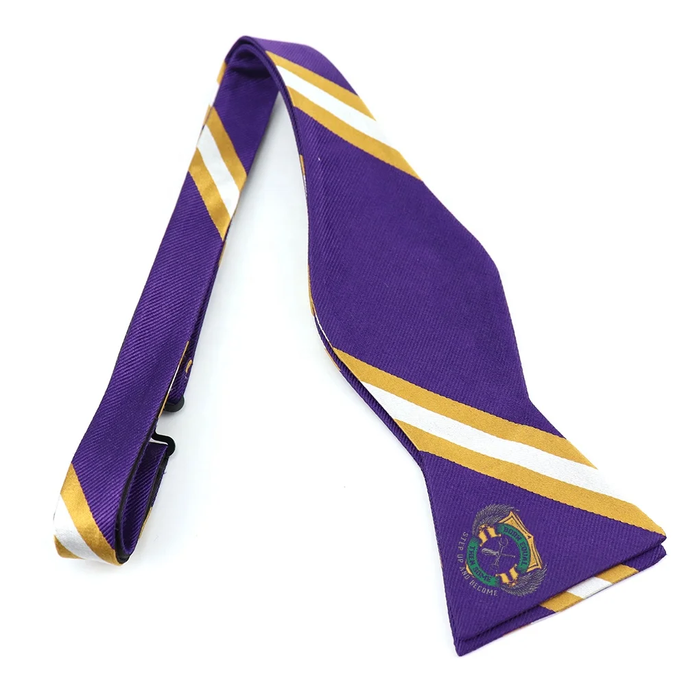 

Custom Detachable Purple Silk Striped Phi Fraternity Logo Embroidered Wholesale Bow Ties for Men