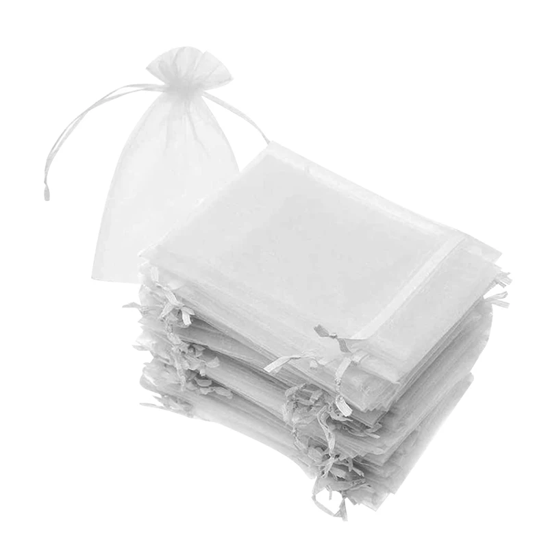 

100 Set Organza Sheer Drawstring Gift Bags Wedding Jewelry Pouches Cosmic Business Christmas Party Favor Bags, White