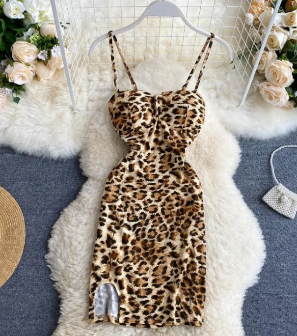 

Nightclub style suspender skirt new sexy short leopard print dress